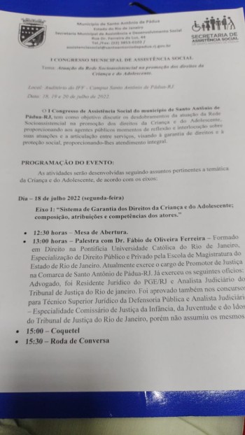  I Congresso Municipal de Assistência Social de Santo Antônio de Pádua/RJ